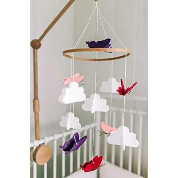 Sorrel + Fern Baby Crib Mobile - Butterflies in The Clouds Nursery Crib Decoration for Girls & Boys - Pink & Purple