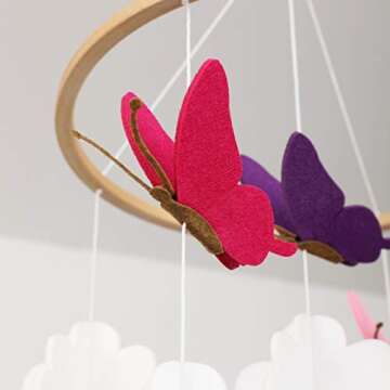 Sorrel + Fern Baby Crib Mobile - Butterflies in The Clouds Nursery Crib Decoration for Girls & Boys - Pink & Purple