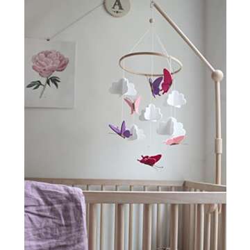 Sorrel + Fern Baby Crib Mobile - Butterflies in The Clouds Nursery Crib Decoration for Girls & Boys - Pink & Purple