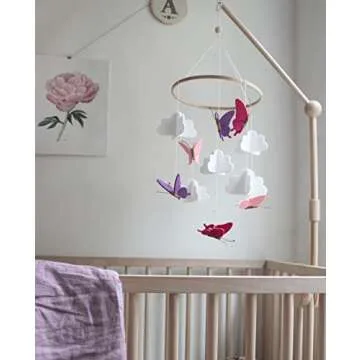 Sorrel + Fern Baby Crib Mobile - Butterflies in The Clouds Nursery Crib Decoration for Girls & Boys - Pink & Purple