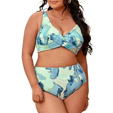 CUPSHE Women Swimsuit Plus Size Two Piece Bathing Suit High Waisted Wrap Abstract Print with Adjustable Wide Straps, 1X Light Blue