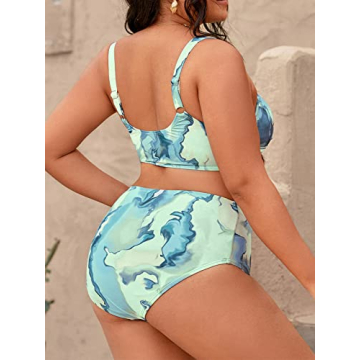 CUPSHE Women Swimsuit Plus Size Two Piece Bathing Suit High Waisted Wrap Abstract Print with Adjustable Wide Straps, 1X Light Blue