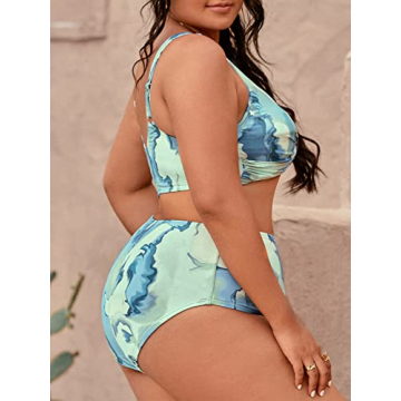 CUPSHE Women Swimsuit Plus Size Two Piece Bathing Suit High Waisted Wrap Abstract Print with Adjustable Wide Straps, 1X Light Blue