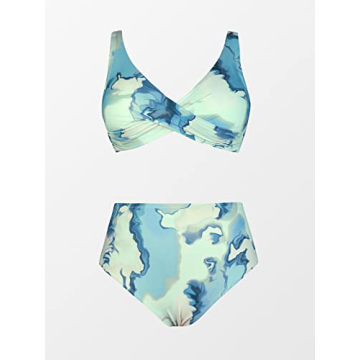 CUPSHE Women Swimsuit Plus Size Two Piece Bathing Suit High Waisted Wrap Abstract Print with Adjustable Wide Straps, 1X Light Blue