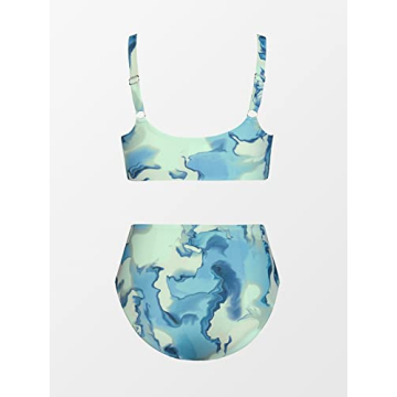 CUPSHE Women Swimsuit Plus Size Two Piece Bathing Suit High Waisted Wrap Abstract Print with Adjustable Wide Straps, 1X Light Blue