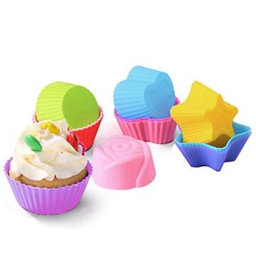 LENK Silicone Cupcake Liners,24 Pieces Nonstick Nonstick Reusable Muffin Cups for Kids Baking, 4 Shapes Round Star Heart Rose,Multi Colors