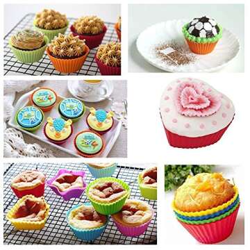 LENK Silicone Cupcake Liners,24 Pieces Nonstick Nonstick Reusable Muffin Cups for Kids Baking, 4 Shapes Round Star Heart Rose,Multi Colors
