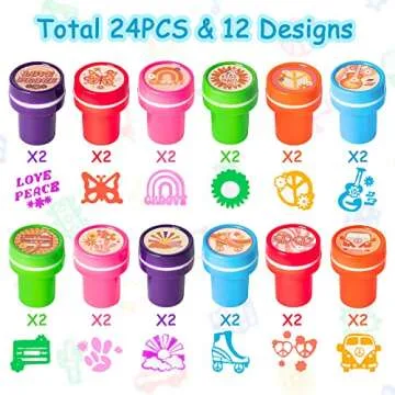 BkeeCten 24PCS Hippie Groovy Assorted Stamps, Colorful Self Inking Stamps Boho Hippie Rainbow Plastic Stamp Teacher Review Stamp for Kids Student School Prizes Hippie Groovy Party Goody Gift Bag Favor