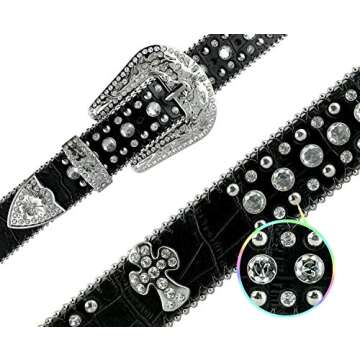 Women Rhinestone Belt Fashion Western Cowgirl Bling Studded Design Cross Concho Leather Belt 1-1/2"(38mm) wide (Black, 32'' S)