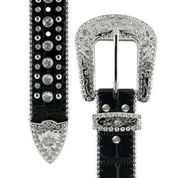 Women Rhinestone Belt Fashion Western Cowgirl Bling Studded Design Cross Concho Leather Belt 1-1/2"(38mm) wide (Black, 32'' S)
