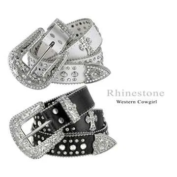 Women Rhinestone Belt Fashion Western Cowgirl Bling Studded Design Cross Concho Leather Belt 1-1/2"(38mm) wide (Black, 32'' S)