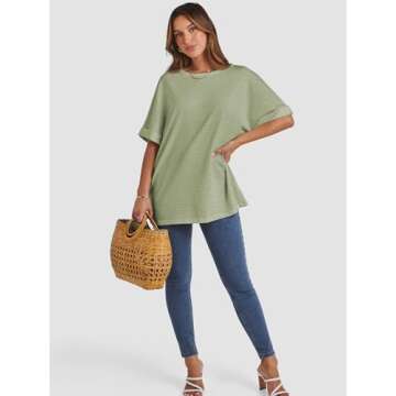 ATHMILE Womens Oversized T Shirts Loose Fit Crewneck Short Sleeve Summer Casual Blouse 2025 Y2K Tee Tops Army Green