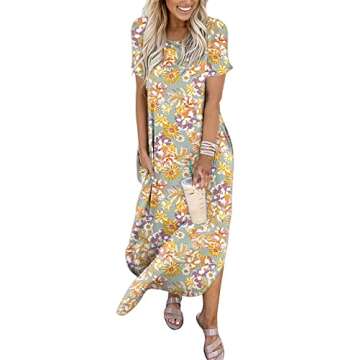 ANRABESS Women's Summer Casual Loose Short Sleeve Long T Shirt Dress Split Maxi Beach Sundress Travel Vacation Outfits Floral Print Medium