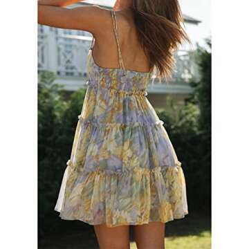 Mansy Womens 2023 Summer Floral Mini Dress Boho Flowy Skater Dresses Short Sleeveless Ruffle Spaghetti Strap Dress