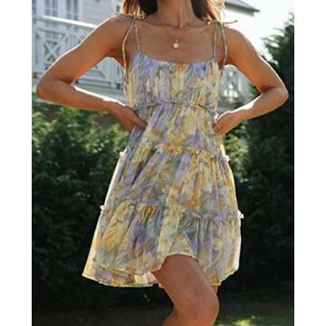 Mansy Womens 2023 Summer Floral Mini Dress Boho Flowy Skater Dresses Short Sleeveless Ruffle Spaghetti Strap Dress