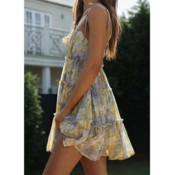 Mansy Womens 2023 Summer Floral Mini Dress Boho Flowy Skater Dresses Short Sleeveless Ruffle Spaghetti Strap Dress