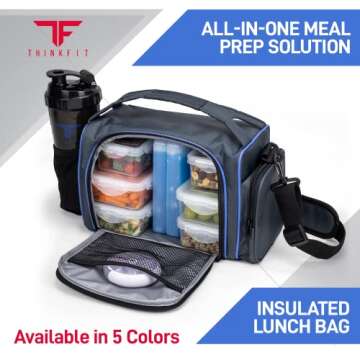 ThinkFit Insulated Lunch Box with 6 Portion Control Containers, Pill Dispenser, Shaker Cup & Ice Packs - BPA-Free, Reusable, Microwavable, Freezer Safe - Blue