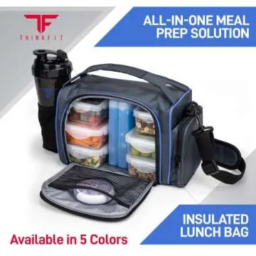 ThinkFit Insulated Lunch Box with 6 Portion Control Containers, Pill Dispenser, Shaker Cup & Ice Packs - BPA-Free, Reusable, Microwavable, Freezer Safe - Blue