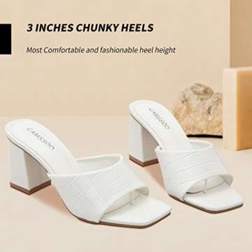 CAMSSOO Women's Square Open Toe Heels Sandals Block Chunky Heeled Sandals White Mules Slip on Flip Flops Slide Sandals Size 9.5 CN41