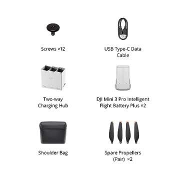 DJI Mini 3 Pro Fly More Kit Plus, Includes Two Intelligent Flight Batteries Plus, a Two-Way Charging Hub, Remote Control, Data Cable, Shoulder Bag, Spare propellers, and Screws, Black