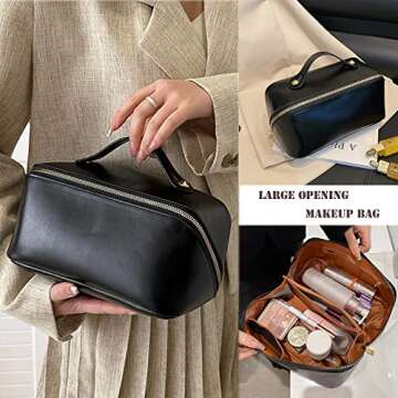 Katadem Travel Makeup Bag,Large Opening Makeup Bag,Portable Makeup Bag Opens Flat for Easy Access, Toiletry Bag,PU Leather Makeup Bag,Large Cosmetic Organizer for Women (Black)