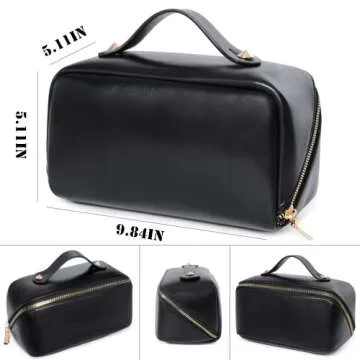 Katadem Travel Makeup Bag,Large Opening Makeup Bag,Portable Makeup Bag Opens Flat for Easy Access, Toiletry Bag,PU Leather Makeup Bag,Large Cosmetic Organizer for Women (Black)