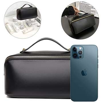 Katadem Travel Makeup Bag,Large Opening Makeup Bag,Portable Makeup Bag Opens Flat for Easy Access, Toiletry Bag,PU Leather Makeup Bag,Large Cosmetic Organizer for Women (Black)