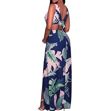 Lkous Sexy Sleeveless V-neck Split Long Beach Dress Floral Print Bodycon Maxi Dress,Medium,Navy Blue