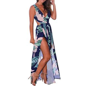 Lkous Sexy Sleeveless V-neck Split Long Beach Dress Floral Print Bodycon Maxi Dress,Medium,Navy Blue