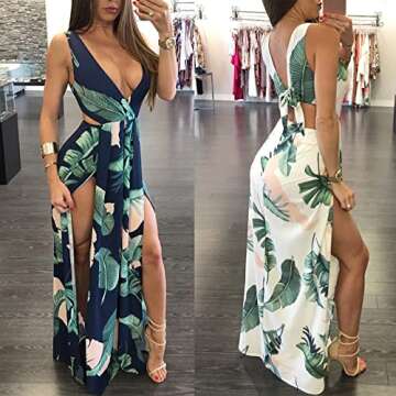 Lkous Sexy Sleeveless V-neck Split Long Beach Dress Floral Print Bodycon Maxi Dress,Medium,Navy Blue