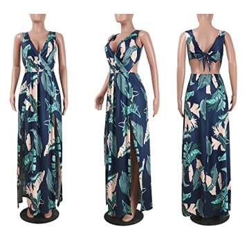 Lkous Sexy Sleeveless V-neck Split Long Beach Dress Floral Print Bodycon Maxi Dress,Medium,Navy Blue
