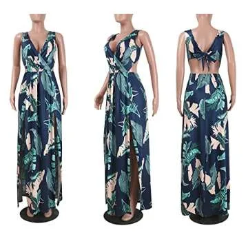 Lkous Sexy Sleeveless V-neck Split Long Beach Dress Floral Print Bodycon Maxi Dress,Medium,Navy Blue
