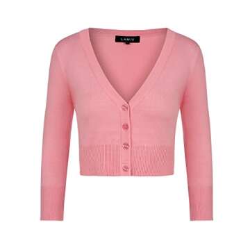MINTLIMIT Women's 3/4 Sleeve Cropped Bolero Button Down Cardigan Sweater (Pink,Size S)