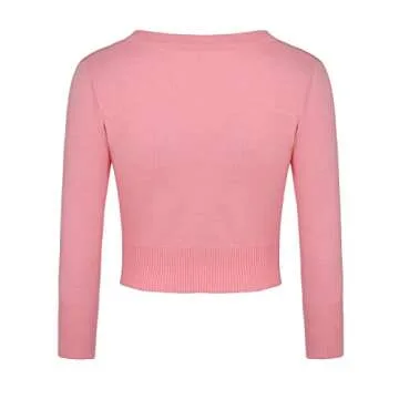 MINTLIMIT Women's 3/4 Sleeve Cropped Bolero Button Down Cardigan Sweater (Pink,Size S)