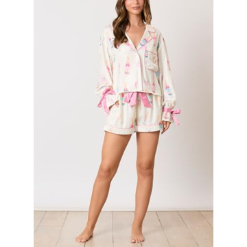 Fenghualzzniya Women Cute Christmas Pajamas 2 Piece Lounge Set Long Sleeve Shirts and Shorts Y2k Pajama Sets Sleepwear, White, Small