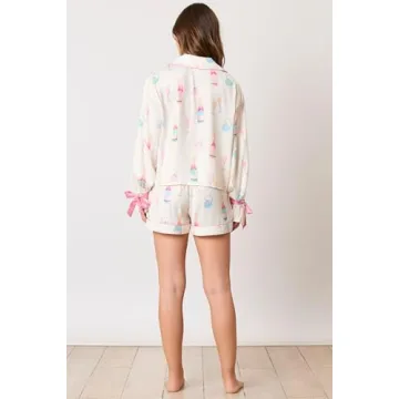 Fenghualzzniya Women Cute Christmas Pajamas 2 Piece Lounge Set Long Sleeve Shirts and Shorts Y2k Pajama Sets Sleepwear, White, Small