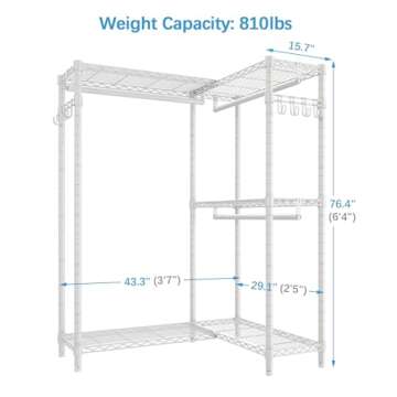 VIPEK L4 Garment Rack L Shaped Clothes Rack for Corner, Freestanding Portable Wardrobe Closet Heavy Duty Clothing Rack with 3 Hanging Rods & 2 Side Hooks, 43.3"Lx29.1"Wx76.4"H, Max Load 810LBS, White