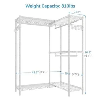 VIPEK L4 Garment Rack L Shaped Clothes Rack for Corner, Freestanding Portable Wardrobe Closet Heavy Duty Clothing Rack with 3 Hanging Rods & 2 Side Hooks, 43.3"Lx29.1"Wx76.4"H, Max Load 810LBS, White