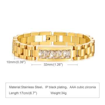 MPRAINBOW Women Cubic Zirconia Link Bracelet,7 Inchs Stainless Steel Watch Band Chain Wristband Jewelry with Adjust Tool