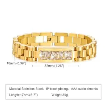 MPRAINBOW Women Cubic Zirconia Link Bracelet,7 Inchs Stainless Steel Watch Band Chain Wristband Jewelry with Adjust Tool