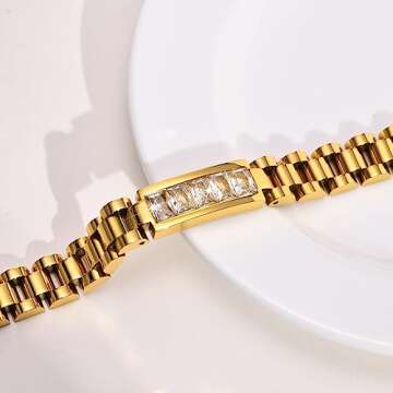 MPRAINBOW Women Cubic Zirconia Link Bracelet,7 Inchs Stainless Steel Watch Band Chain Wristband Jewelry with Adjust Tool