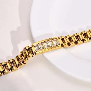 MPRAINBOW Women Cubic Zirconia Link Bracelet,7 Inchs Stainless Steel Watch Band Chain Wristband Jewelry with Adjust Tool