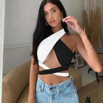 ZAFUL Women's Colorblock Criss Cross Tie Tank Crop Top Multiway Cutout Wrap Top