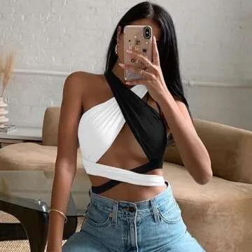 ZAFUL Women's Colorblock Criss Cross Tie Tank Crop Top Multiway Cutout Wrap Top