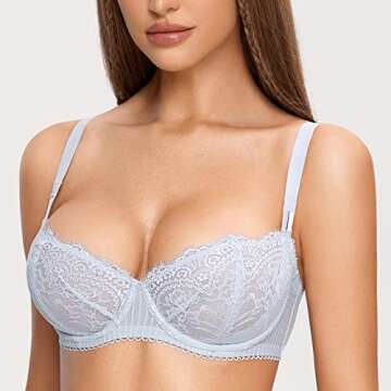 DOBREVA Women's Sexy Lace Push Up Plus Size Bra Sheer Balconette Underwire Unlined Opal Gray 36C