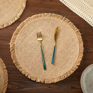 16 Pieces Burlap Round Braided Placemats 15 Inch Vintage Farmhouse Fringed Edges Table Mats Boho Placemats Natural Jute Fibers Placemats Decoration for Christmas Wedding Parties(Brown Trim)
