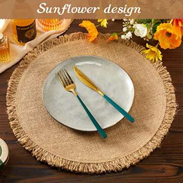 16 Pieces Burlap Round Braided Placemats 15 Inch Vintage Farmhouse Fringed Edges Table Mats Boho Placemats Natural Jute Fibers Placemats Decoration for Christmas Wedding Parties(Brown Trim)