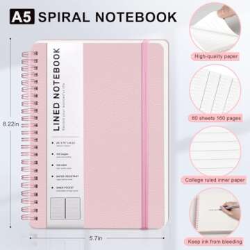 ABERLLS Pink Lined Spiral Journal Notebook with 160 Pages, 8×5.7in, A5 Spiral Notebook, Journaling ...