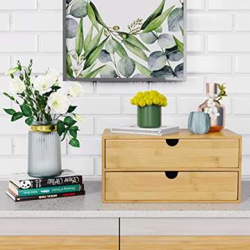 Wisuce Bamboo Desk Drawer Organizer, 2 Drawer Desktop Organizer with Drawers Tabletop Storage Organi...