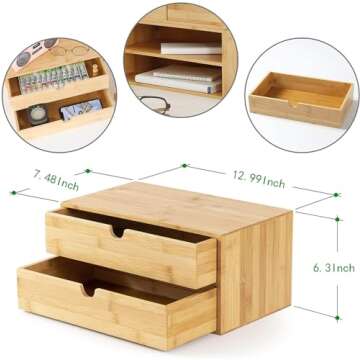 Wisuce Bamboo Desk Drawer Organizer, 2 Drawer Desktop Organizer with Drawers Tabletop Storage Organization Box for Office Home Toiletries Supplies Vanity, No Assembly Required
